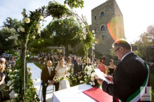 Panoramica su sposi e persone